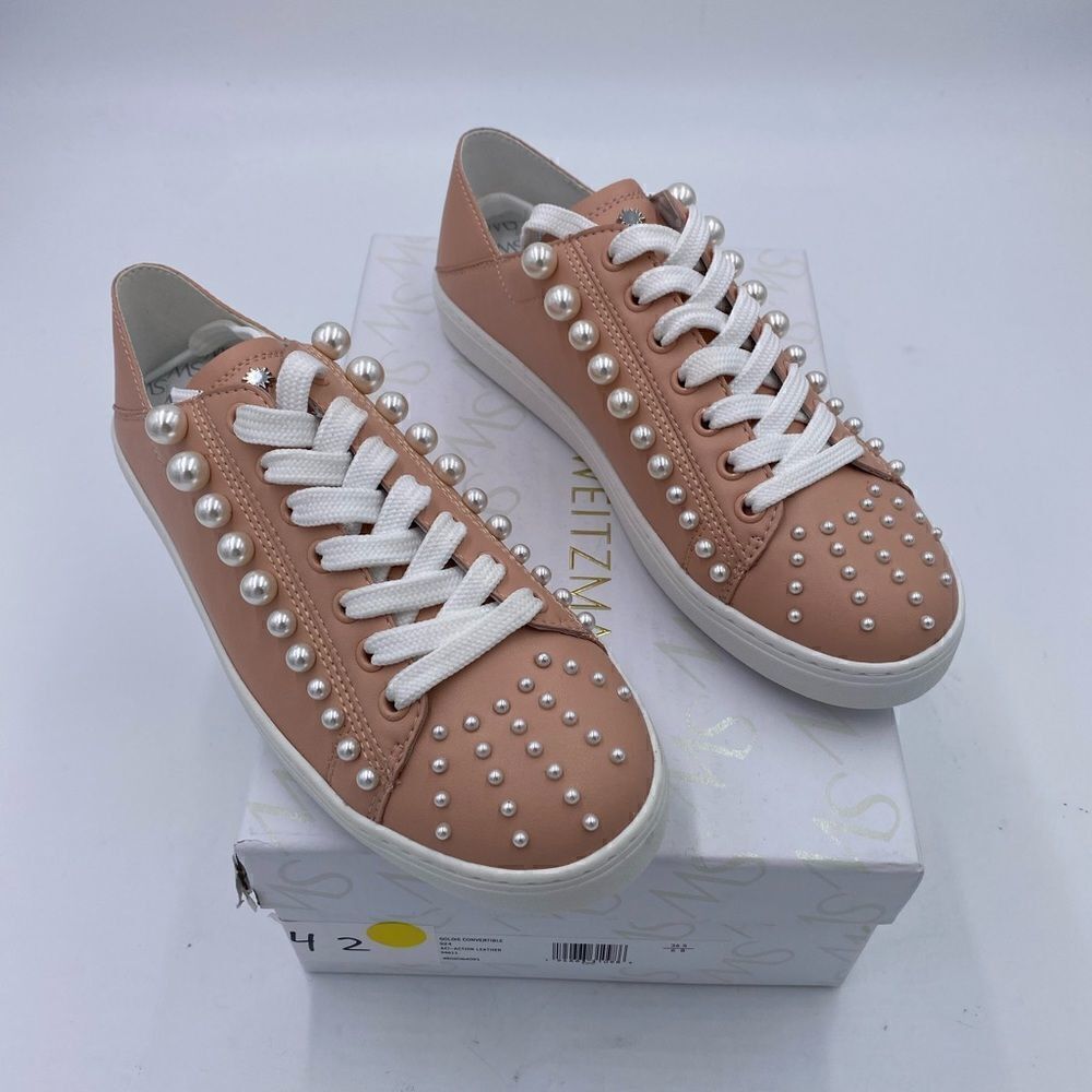 Stuart Weitzman Blush Pink Pearl-Embellished Leather Sneakers